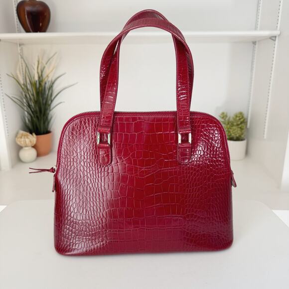 Ralph Lauren Red Croc Embossed Vegan Leather Satchel Handbag - Picture 2 of 10
